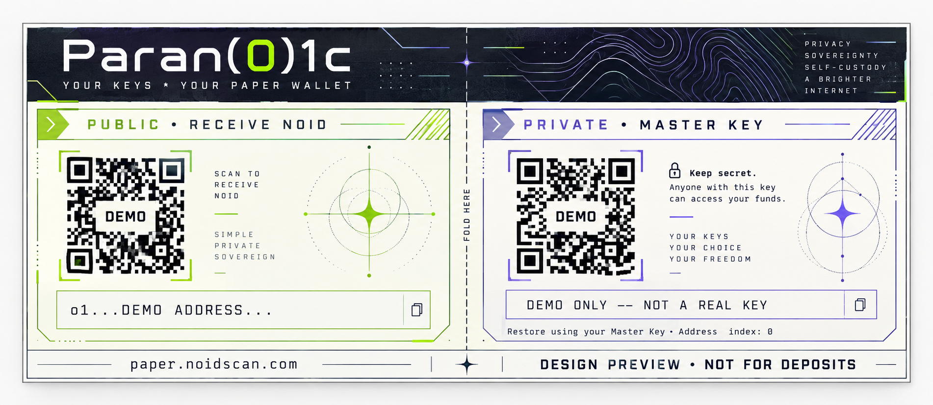 Paper wallet concept showing separate public address and private key panels with a fold guide