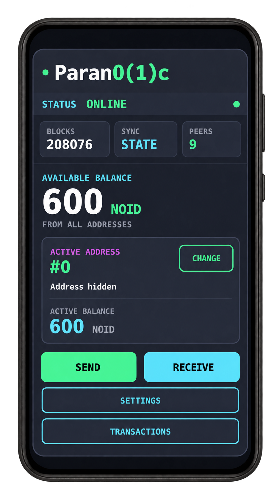 Parano1c wallet preview with a sample balance of 600 NOID