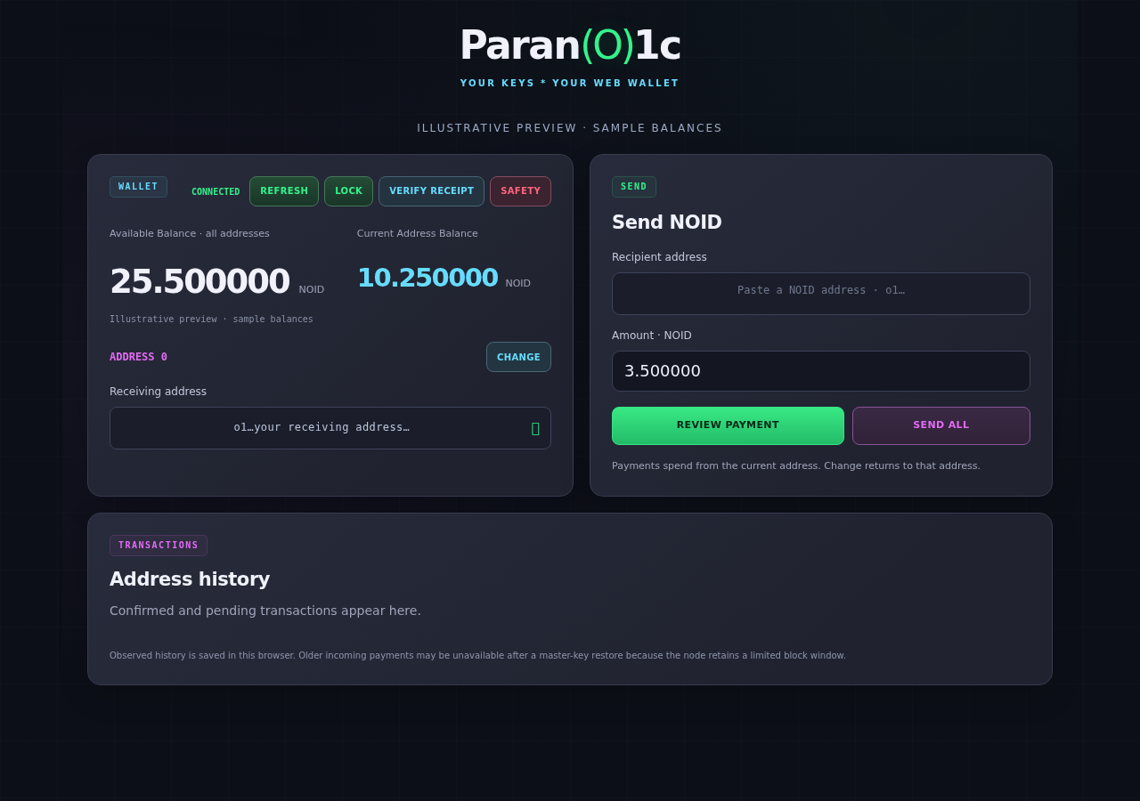 Illustrative Parano1c Web Wallet preview showing balances, receiving address, Send NOID and transaction history